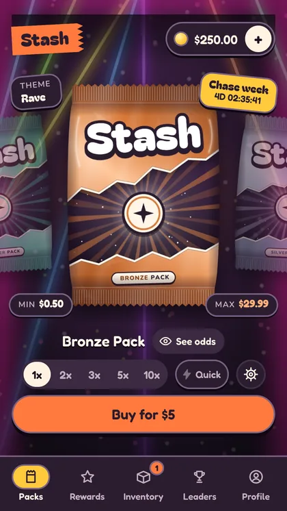 Stash home screen in the Rave rip room
